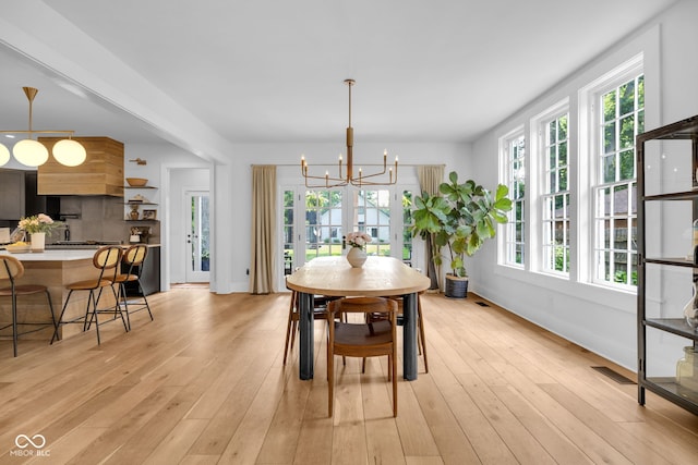 3215 N Pennsylvania St, Indianapolis, IN 46205 - dining space with a chandelier, light wood finished floors, and baseboards