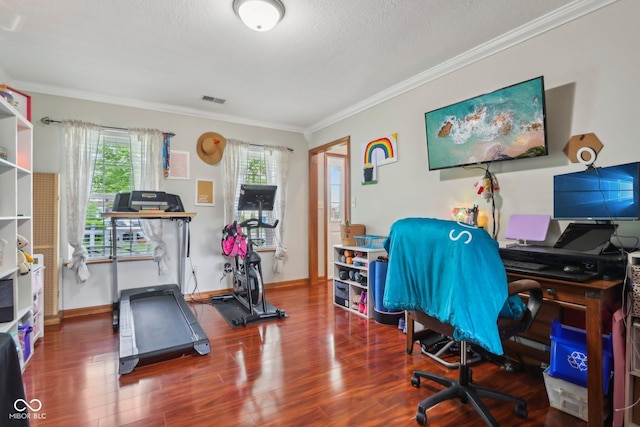 4434 W Windsong Ct, New Palestine, IN 46163 - office area featuring crown molding, wood finished floors, baseboards, and a textured ceiling