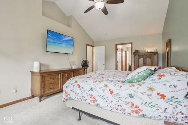 4434 W Windsong Ct, New Palestine, IN 46163 - bedroom featuring vaulted ceiling, light carpet, baseboards, ceiling fan, and ensuite bath