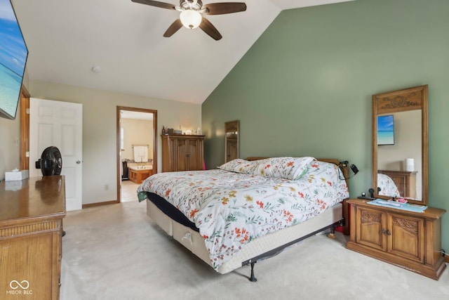 4434 W Windsong Ct, New Palestine, IN 46163 - bedroom with light colored carpet, ensuite bath, high vaulted ceiling, and ceiling fan