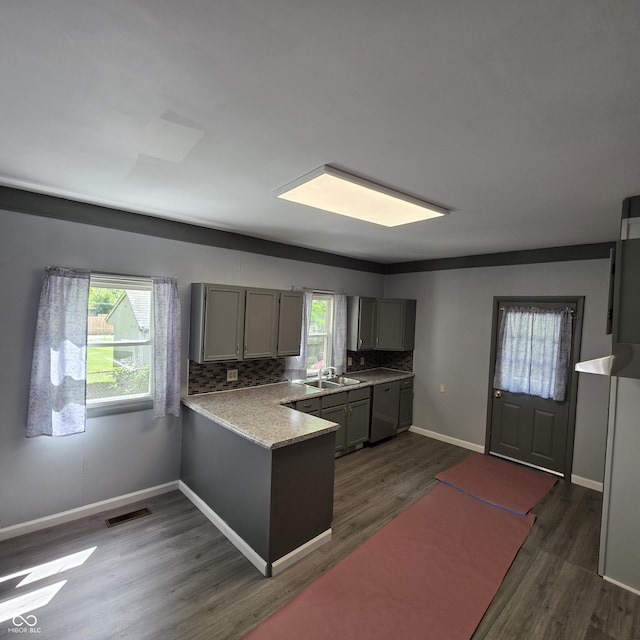 517 E Mechanic St, Brazil, IN 47834 - kitchen with gray cabinetry, a sink, dark wood-type flooring, and a peninsula