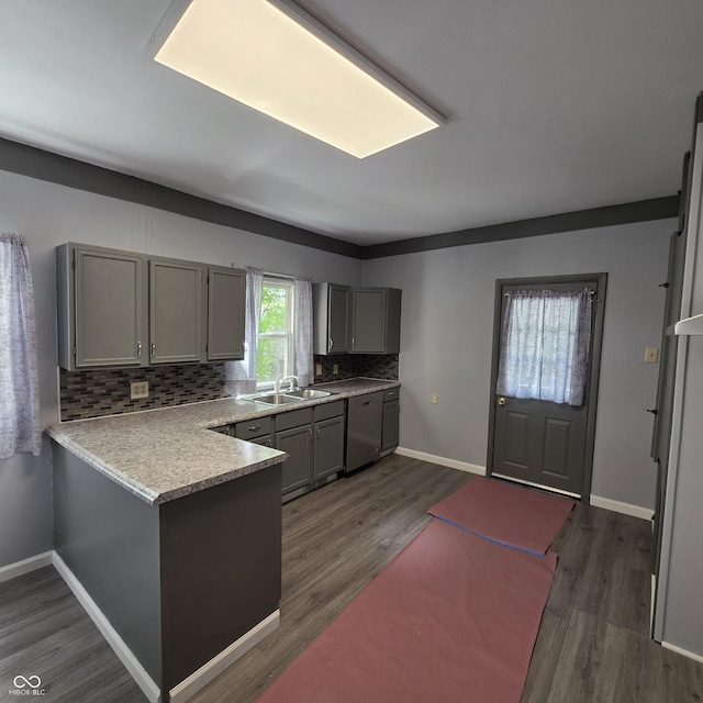 517 E Mechanic St, Brazil, IN 47834 - kitchen with stainless steel dishwasher, gray cabinets, a peninsula, backsplash, and a sink