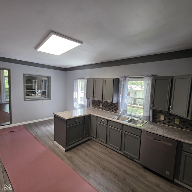 517 E Mechanic St, Brazil, IN 47834 - kitchen featuring stainless steel dishwasher, a sink, gray cabinetry, a peninsula, and dark wood-style flooring