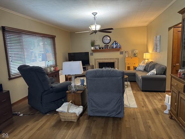 532 N Franklin St, Greensburg, IN 47240 - living area featuring ornamental molding, a ceiling fan, hardwood / wood-style flooring, and a fireplace