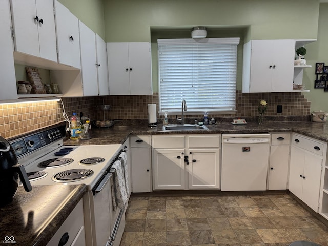 532 N Franklin St, Greensburg, IN 47240 - kitchen featuring white dishwasher, electric range, a sink, open shelves, and white cabinets