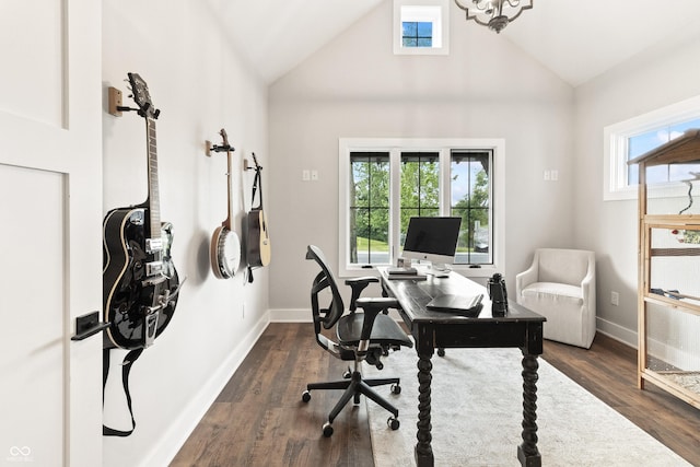 4808 Lakeview Dr, Greenwood, IN 46143 - office space with lofted ceiling, dark wood-type flooring, and baseboards