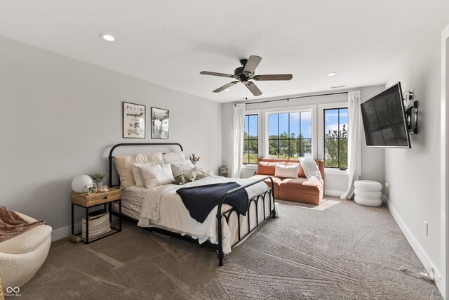 4808 Lakeview Dr, Greenwood, IN 46143 - bedroom featuring dark colored carpet, baseboards, recessed lighting, and a ceiling fan