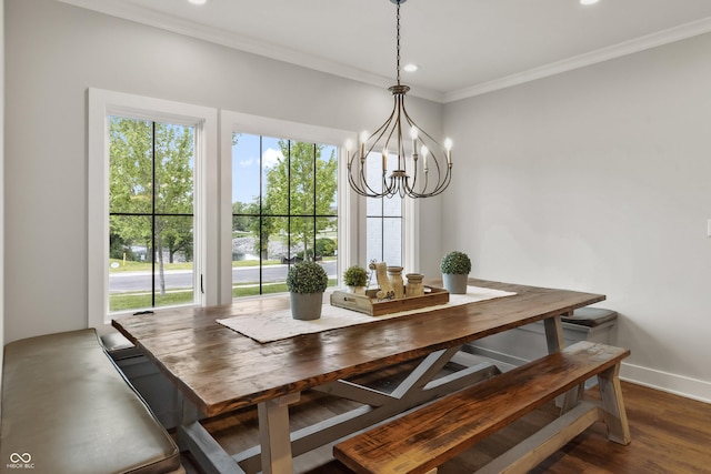 4808 Lakeview Dr, Greenwood, IN 46143 - dining area featuring a chandelier, ornamental molding, dark wood-type flooring, recessed lighting, and baseboards