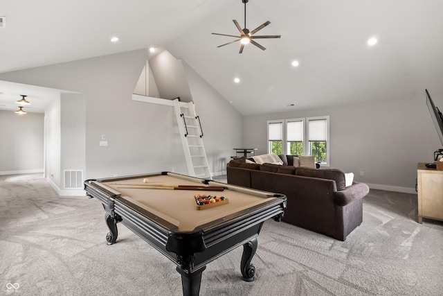 4808 Lakeview Dr, Greenwood, IN 46143 - rec room with carpet, vaulted ceiling, baseboards, recessed lighting, and a ceiling fan