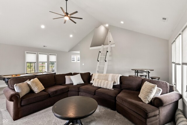 4808 Lakeview Dr, Greenwood, IN 46143 - living room with a ceiling fan, recessed lighting, high vaulted ceiling, and plenty of natural light