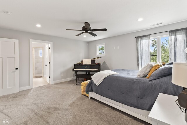 4808 Lakeview Dr, Greenwood, IN 46143 - bedroom with light carpet, recessed lighting, baseboards, ensuite bath, and a ceiling fan