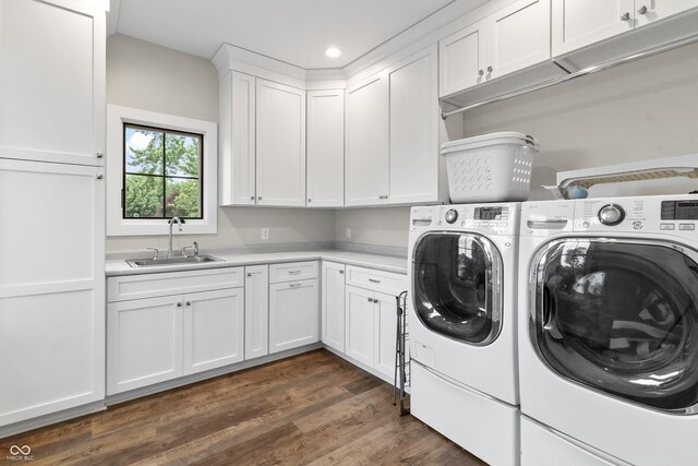 4808 Lakeview Dr, Greenwood, IN 46143 - laundry room with cabinet space, separate washer and dryer, dark wood-style flooring, and recessed lighting