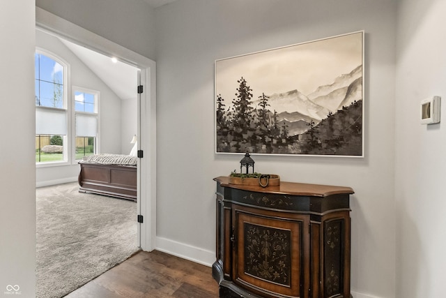 4808 Lakeview Dr, Greenwood, IN 46143 - corridor featuring baseboards, wood finished floors, vaulted ceiling, and carpet