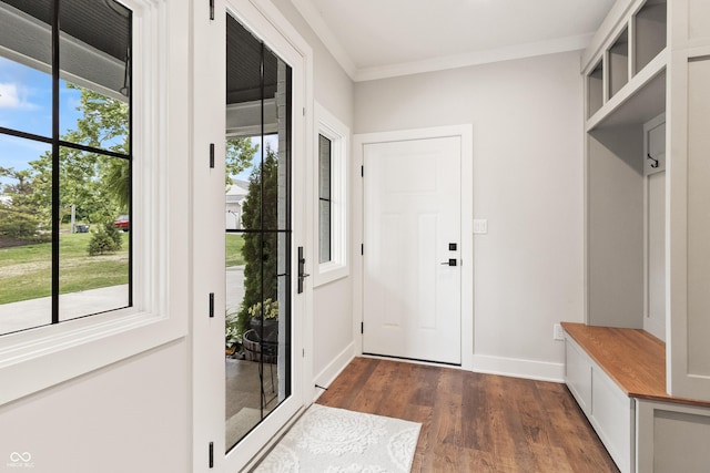 4808 Lakeview Dr, Greenwood, IN 46143 - mudroom featuring dark wood-type flooring, baseboards, and crown molding