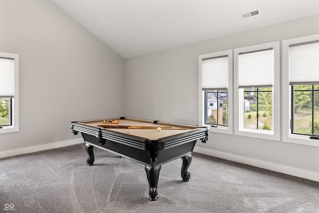4808 Lakeview Dr, Greenwood, IN 46143 - rec room with carpet floors, baseboards, and vaulted ceiling