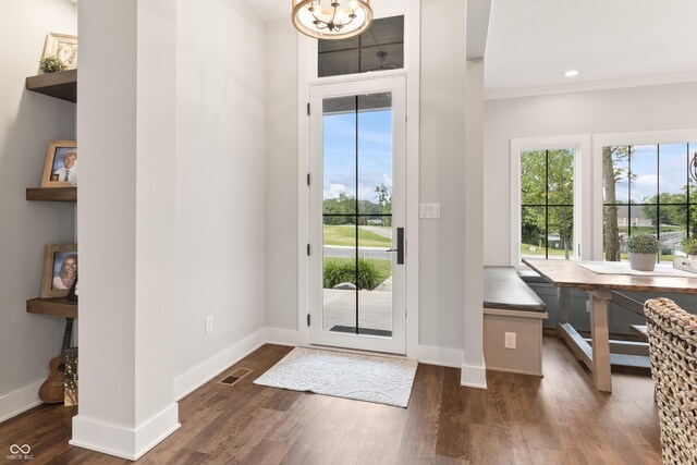 4808 Lakeview Dr, Greenwood, IN 46143 - foyer entrance with plenty of natural light, wood finished floors, a chandelier, baseboards, and ornamental molding