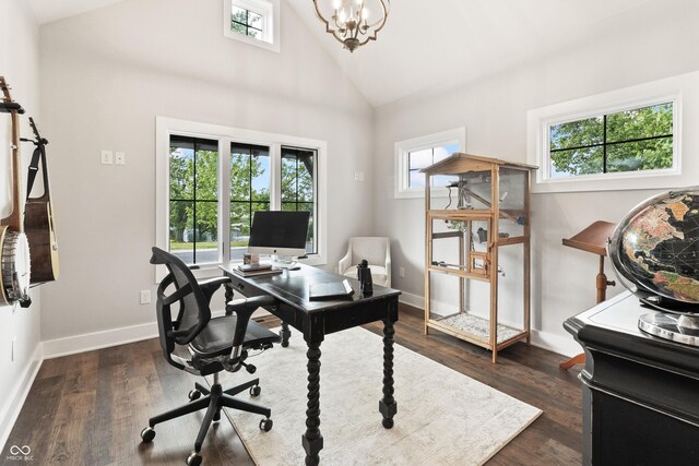 4808 Lakeview Dr, Greenwood, IN 46143 - office area featuring healthy amount of natural light, dark wood finished floors, a chandelier, and high vaulted ceiling