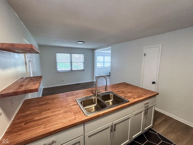1653 Wade St, Indianapolis, IN 46203 - kitchen featuring butcher block countertops, a sink, white cabinets, dark wood-style flooring, and baseboards
