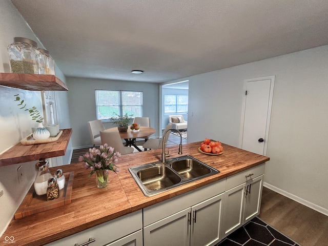 1653 Wade St, Indianapolis, IN 46203 - kitchen with butcher block countertops, a sink, dark wood-type flooring, baseboards, and white cabinetry
