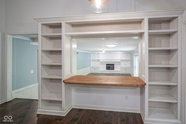 4949 Jennings Dr, Carmel, IN 46033 - kitchen featuring open shelves, dark wood-type flooring, a glass covered fireplace, and a wainscoted wall