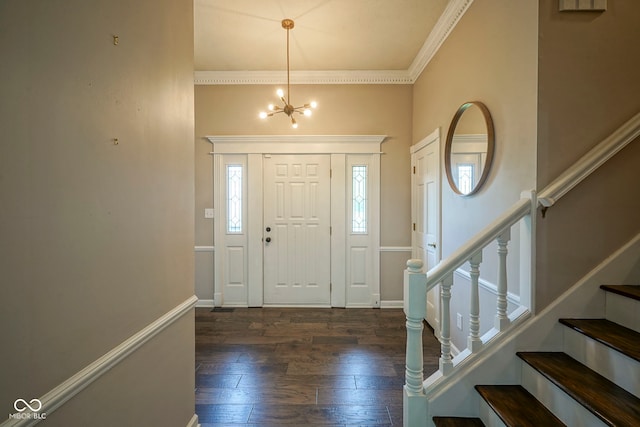 4949 Jennings Dr, Carmel, IN 46033 - entryway featuring stairway, hardwood / wood-style flooring, a chandelier, crown molding, and baseboards