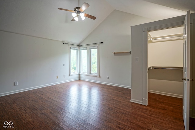 4949 Jennings Dr, Carmel, IN 46033 - unfurnished bedroom featuring high vaulted ceiling, a closet, wood finished floors, baseboards, and a ceiling fan
