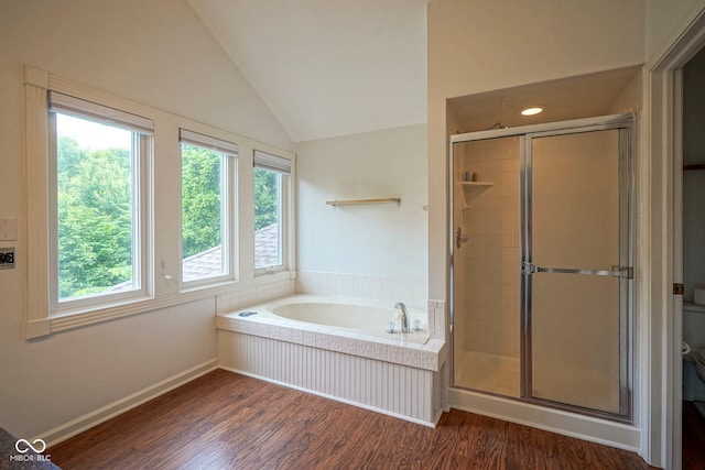 4949 Jennings Dr, Carmel, IN 46033 - bathroom with a bath, wood finished floors, a shower stall, toilet, and lofted ceiling