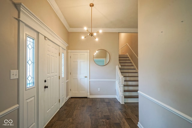 4949 Jennings Dr, Carmel, IN 46033 - foyer featuring a chandelier, stairs, dark wood-style floors, ornamental molding, and baseboards