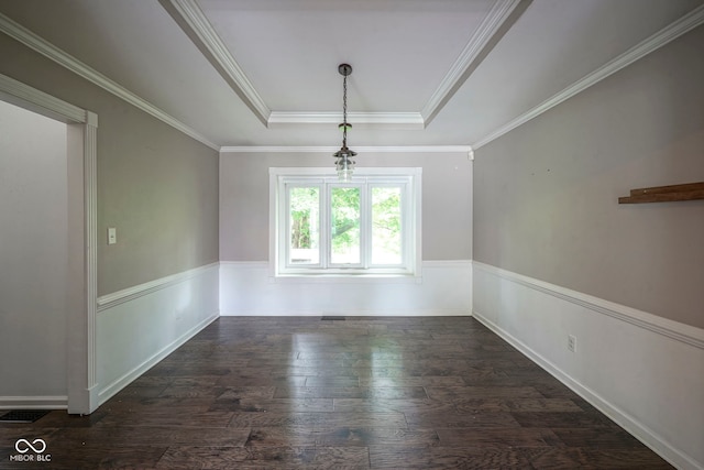 4949 Jennings Dr, Carmel, IN 46033 - unfurnished dining area with a raised ceiling, wood finished floors, and ornamental molding