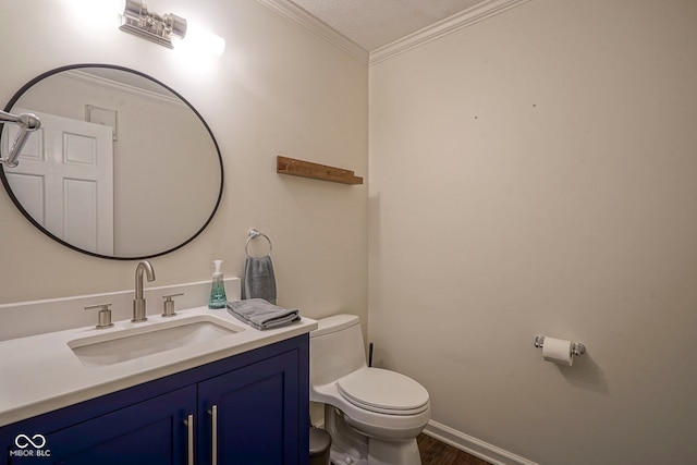 4949 Jennings Dr, Carmel, IN 46033 - bathroom with toilet, wood finished floors, vanity, and crown molding