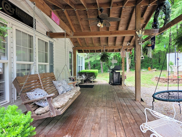 8310 Dog Trot Ln, Morgantown, IN 46160 - wooden terrace featuring a grill and ceiling fan