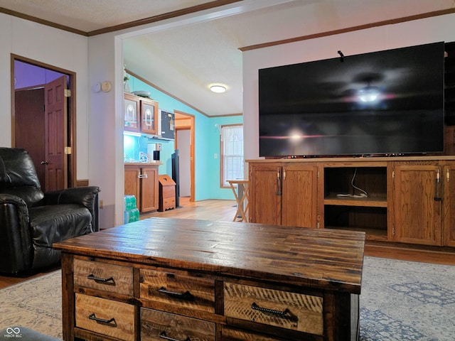 8310 Dog Trot Ln, Morgantown, IN 46160 - living area with ornamental molding, light wood-type flooring, and lofted ceiling