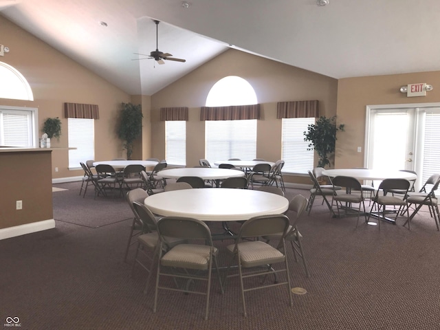 855 Gazebo Way Unit C, Greenwood, IN 46142 - dining room featuring carpet, vaulted ceiling, and ceiling fan