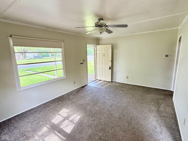 910 Lonsvale Dr, Anderson, IN 46013 - empty room featuring carpet flooring, ornamental molding, a ceiling fan, and baseboards