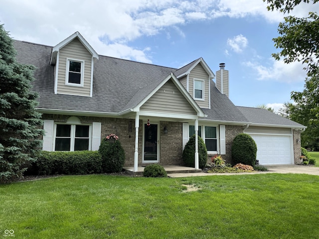 1135 W Wildflower Ct, Mooresville, IN 46158 - new england style home with brick siding, a front lawn, an attached garage, a chimney, and driveway