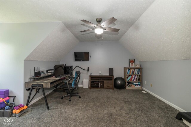 1135 W Wildflower Ct, Mooresville, IN 46158 - home office with a textured ceiling, carpet flooring, a ceiling fan, vaulted ceiling, and baseboards