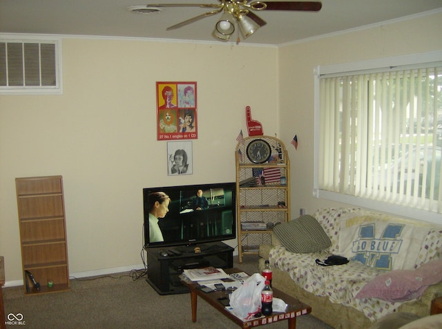 80 Brentwood Dr, Mooresville, IN 46158 - carpeted living area with ceiling fan, ornamental molding, and baseboards