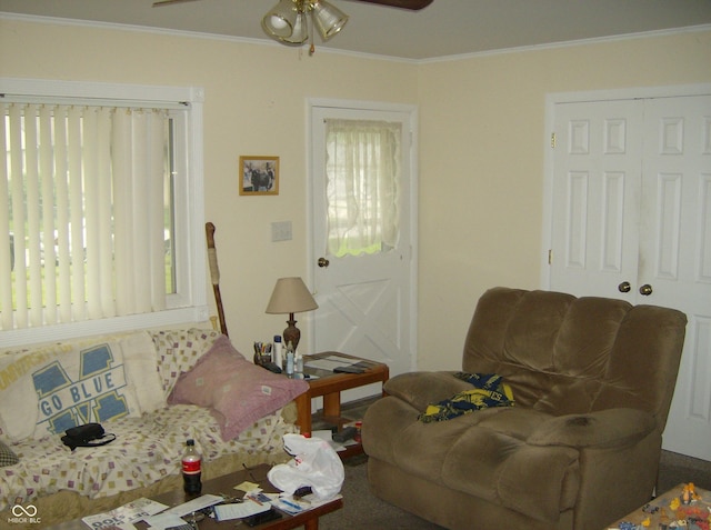 80 Brentwood Dr, Mooresville, IN 46158 - living area with ceiling fan and crown molding