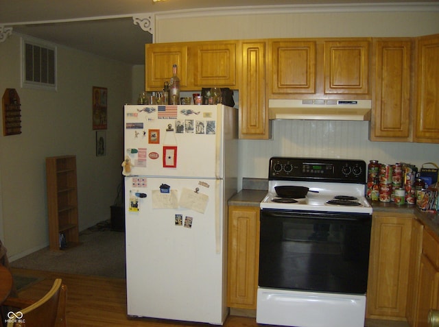 80 Brentwood Dr, Mooresville, IN 46158 - kitchen with freestanding refrigerator, under cabinet range hood, electric range, brown cabinetry, and light wood-style floors