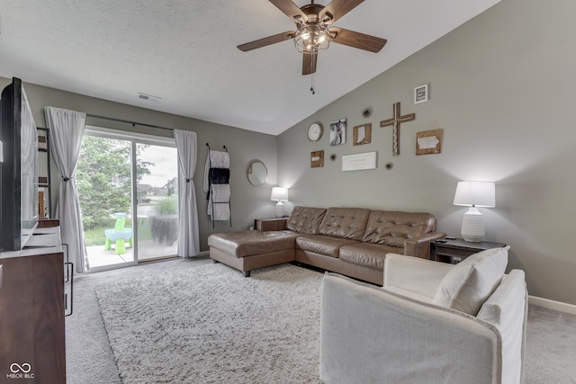 933 Curlew Ln, Greenwood, IN 46143 - carpeted living area with a ceiling fan, lofted ceiling, and baseboards