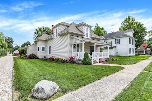 203 N Cross St, Hillsboro, IN 47949 - view of front facade featuring covered porch, a front lawn, roof with shingles, and a chimney