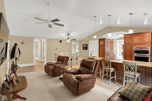 203 N Cross St, Hillsboro, IN 47949 - living area featuring lofted ceiling, a ceiling fan, light carpet, and light tile patterned floors