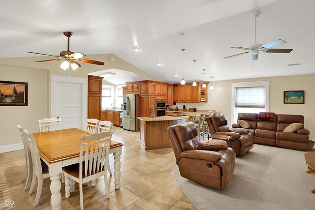 203 N Cross St, Hillsboro, IN 47949 - living room featuring a ceiling fan and vaulted ceiling