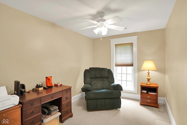 203 N Cross St, Hillsboro, IN 47949 - living area featuring a ceiling fan, light colored carpet, and a desk