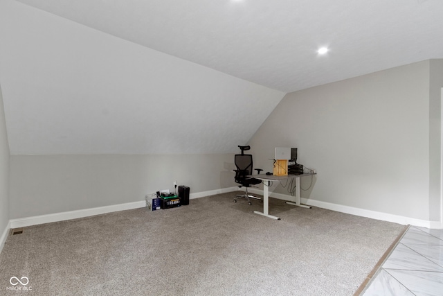 1150 W 30th St, Indianapolis, IN 46208 - unfurnished office featuring vaulted ceiling, baseboards, recessed lighting, and carpet floors