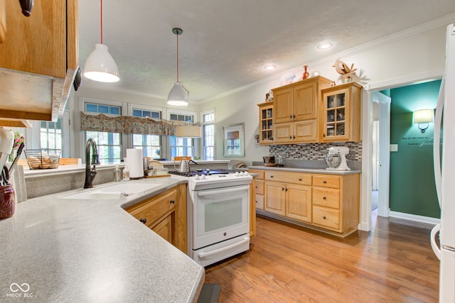 3533 Alexandria Pike, Anderson, IN 46012 - kitchen featuring white range with gas cooktop, a sink, crown molding, light wood-style flooring, and light countertops