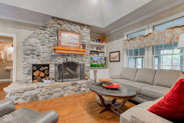 3533 Alexandria Pike, Anderson, IN 46012 - living room with wood finished floors, a fireplace, crown molding, built in shelves, and baseboards