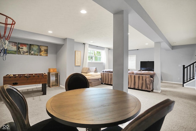 1071 Serenity Ct, Carmel, IN 46280 - dining space with light colored carpet, baseboards, recessed lighting, and stairs