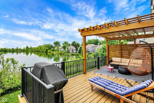 1071 Serenity Ct, Carmel, IN 46280 - wooden deck featuring a water view, a pergola, and an outdoor hangout area