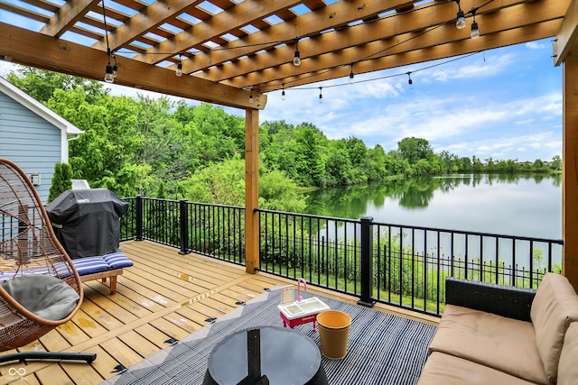1071 Serenity Ct, Carmel, IN 46280 - deck with a water view, a pergola, a grill, and view of scattered trees